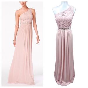 Adrianna Papell Blush Lace Crystal Embellished One-Shoulder Bridesmaids Gown